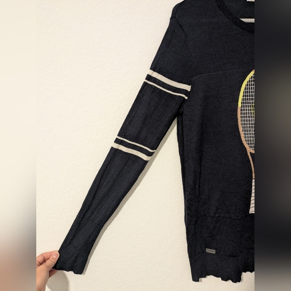L'etoile Sport Navy Blue Stripe 100% Merino Wool Crewneck Tennis Racquet Sweater - Picture 10 of 13